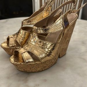 BCBG open toe sandal in rose gold with cork wedge platform